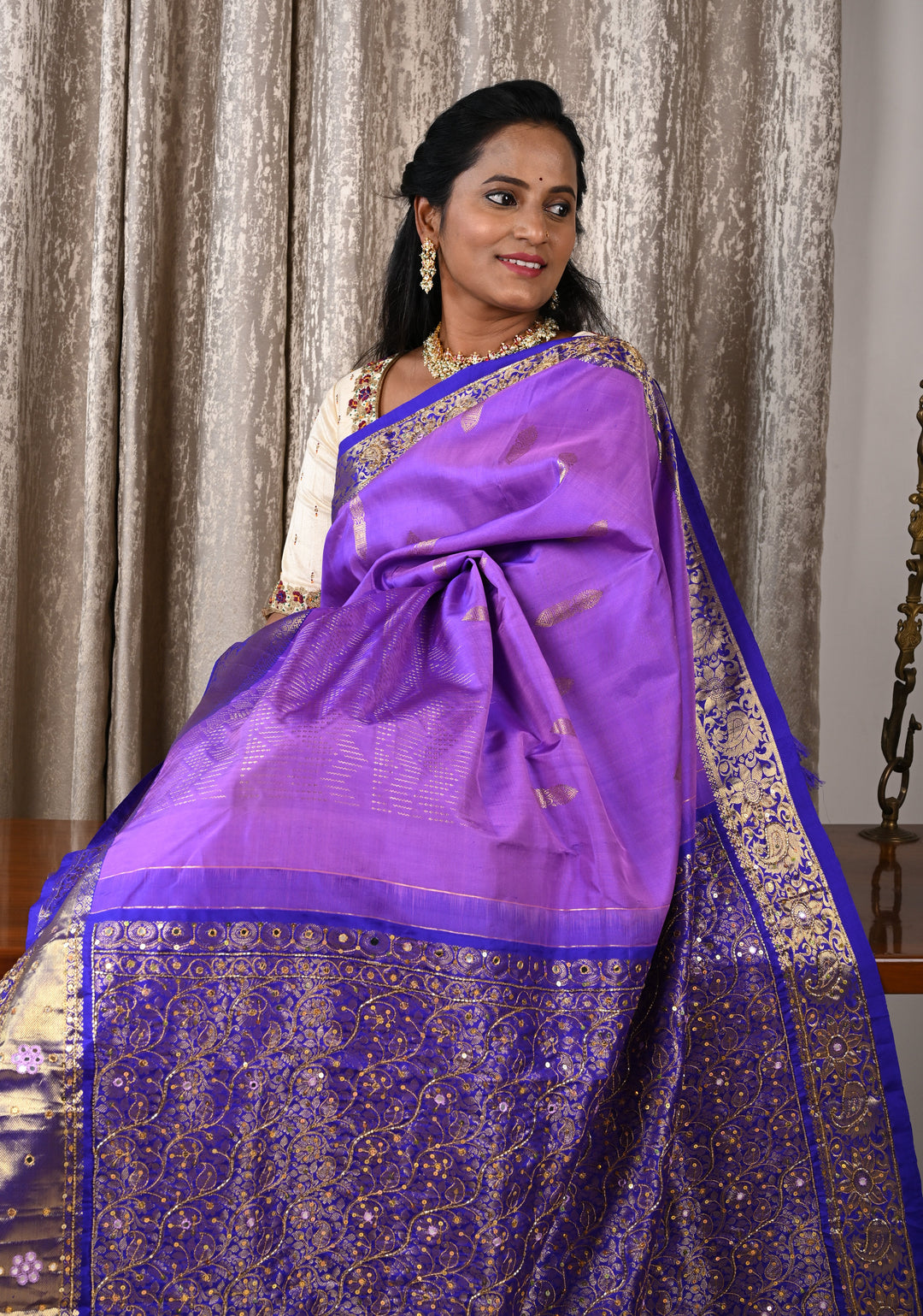 Lavender Kanjivaram Silk Saree with chevron pattern and Sequins, cutdana work | SILK MARK CERTIFIED