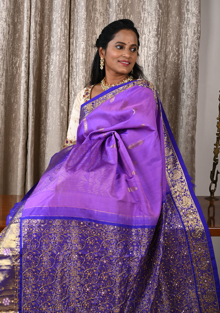 Lavender Kanjivaram Silk Saree with chevron pattern and Sequins, cutdana work | SILK MARK CERTIFIED