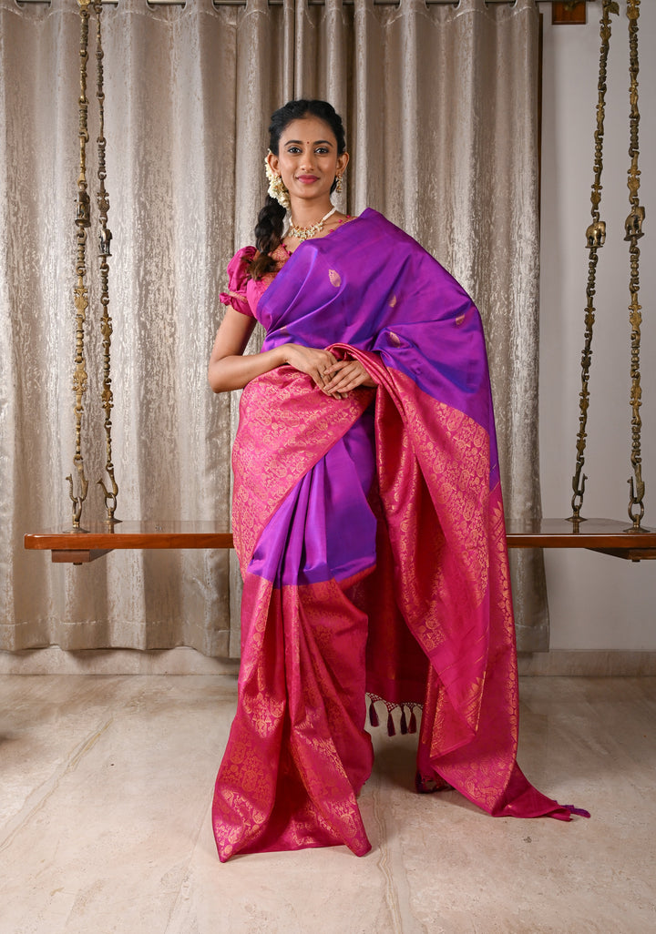 Purple Dual Tone Stunning Half Border Kanjivaram Pure Silk saree with Zari Brocade | SILK MARK CERTIFIED