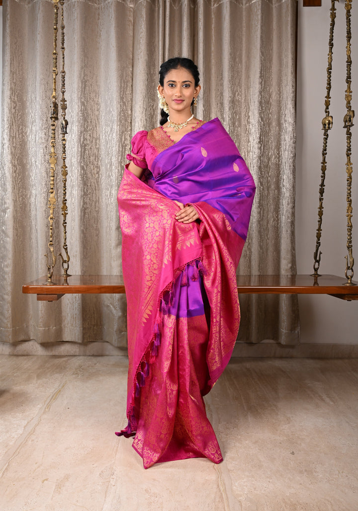 Purple Dual Tone Stunning Half Border Kanjivaram Pure Silk saree with Zari Brocade | SILK MARK CERTIFIED