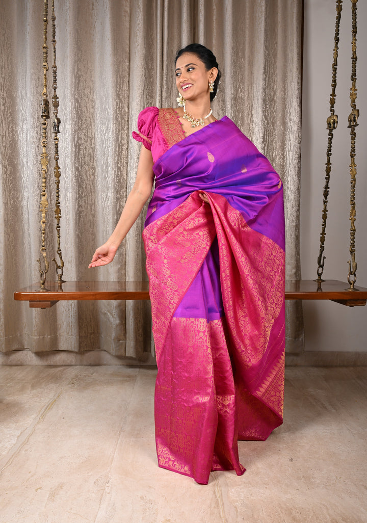 Purple Dual Tone Stunning Half Border Kanjivaram Pure Silk saree with Zari Brocade | SILK MARK CERTIFIED