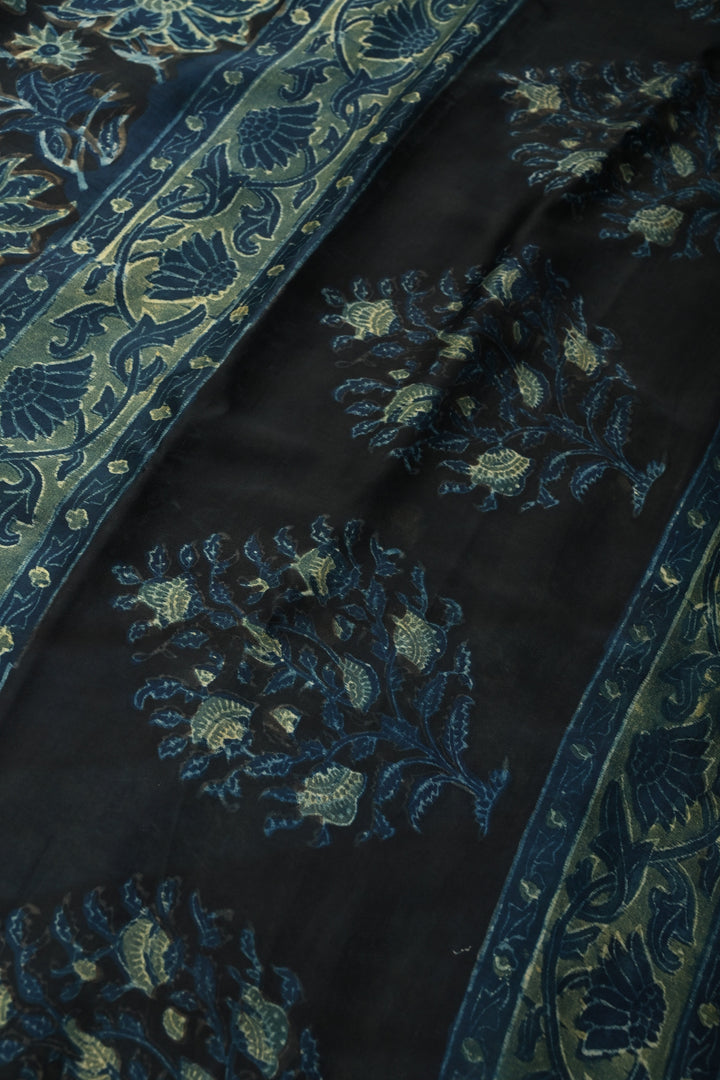 Dupatta: Authentic Modal Silk Dupatta in Black with Vanaspati Hand Block Print | SHOBITAM