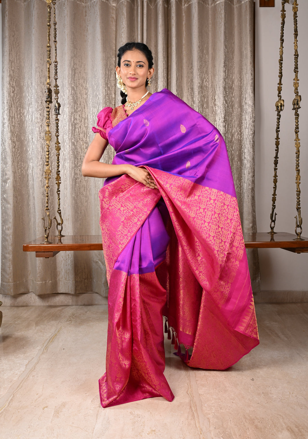 Purple Dual Tone Stunning Half Border Kanjivaram Pure Silk saree with Zari Brocade | SILK MARK CERTIFIED