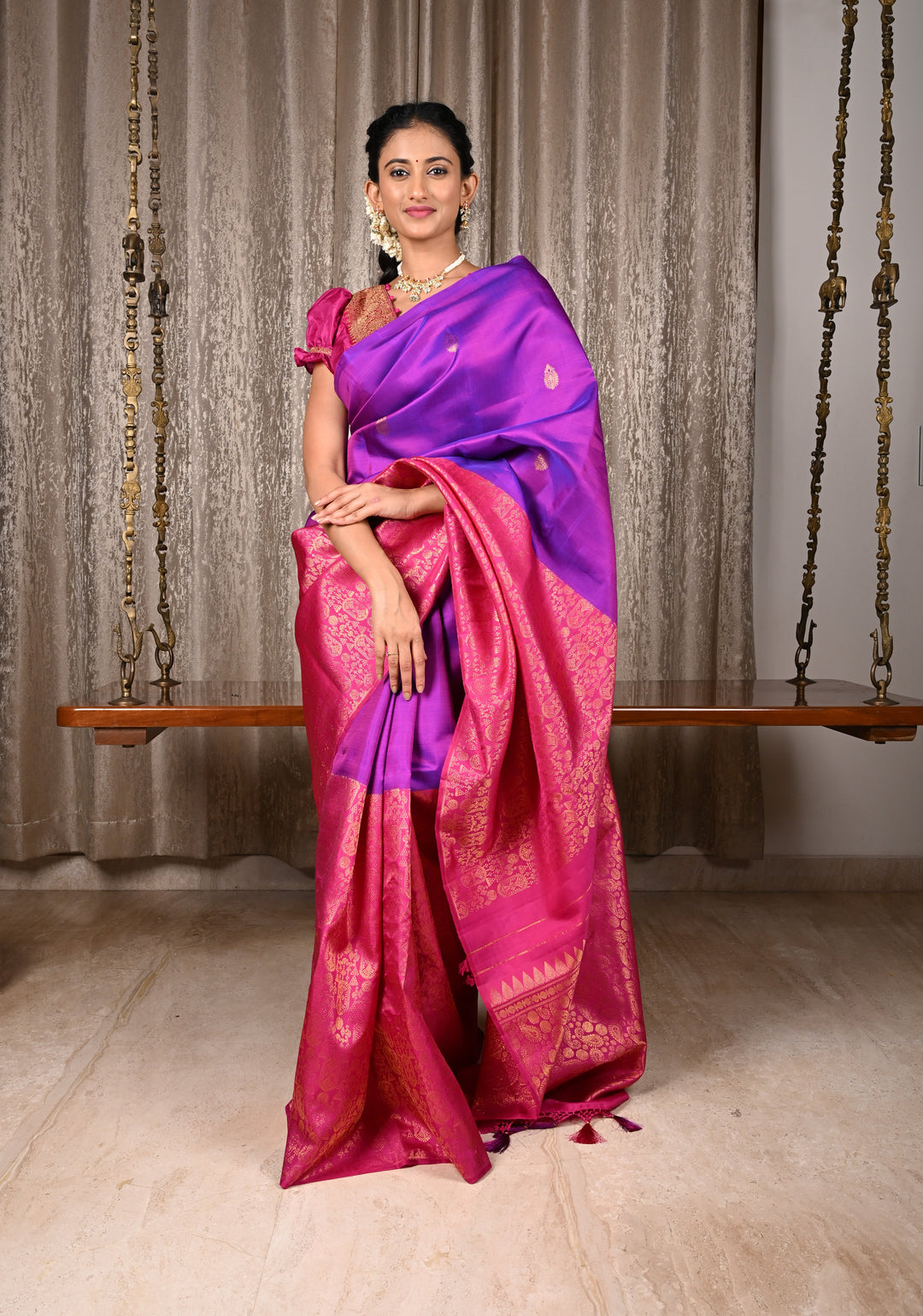 Purple Dual Tone Stunning Half Border Kanjivaram Pure Silk saree with Zari Brocade | SILK MARK CERTIFIED