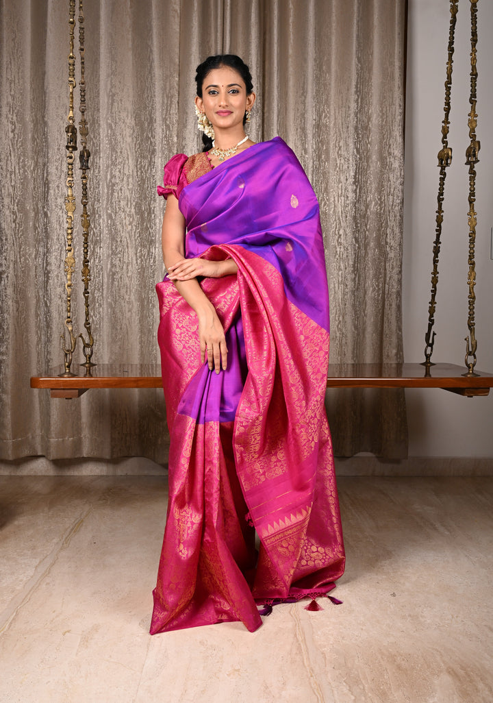 Purple Dual Tone Stunning Half Border Kanjivaram Pure Silk saree with Zari Brocade | SILK MARK CERTIFIED