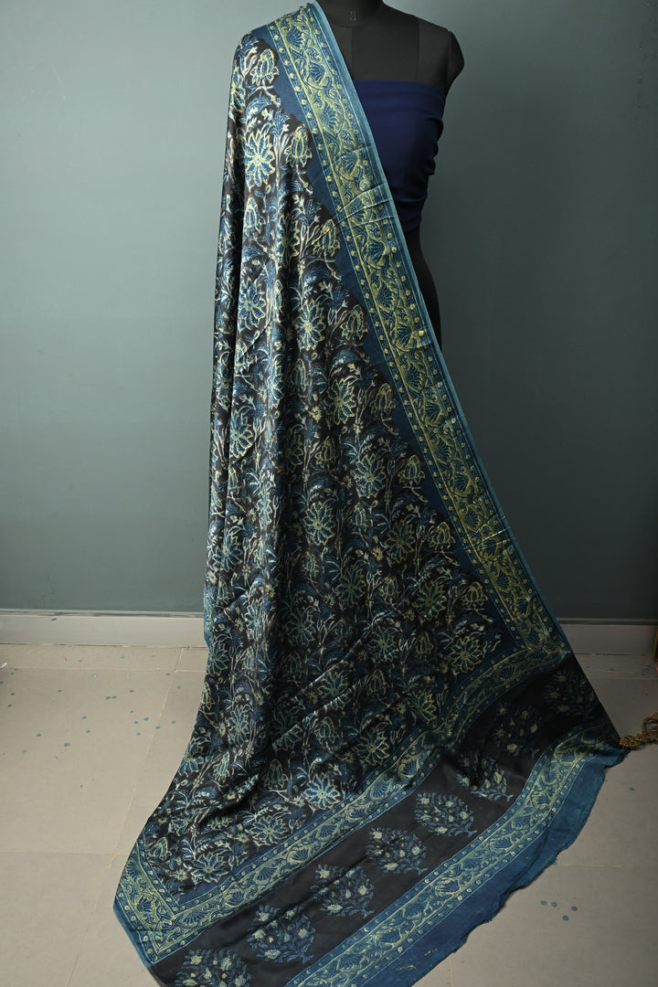 Dupatta: Authentic Modal Silk Dupatta in Black with Vanaspati Hand Block Print | SHOBITAM