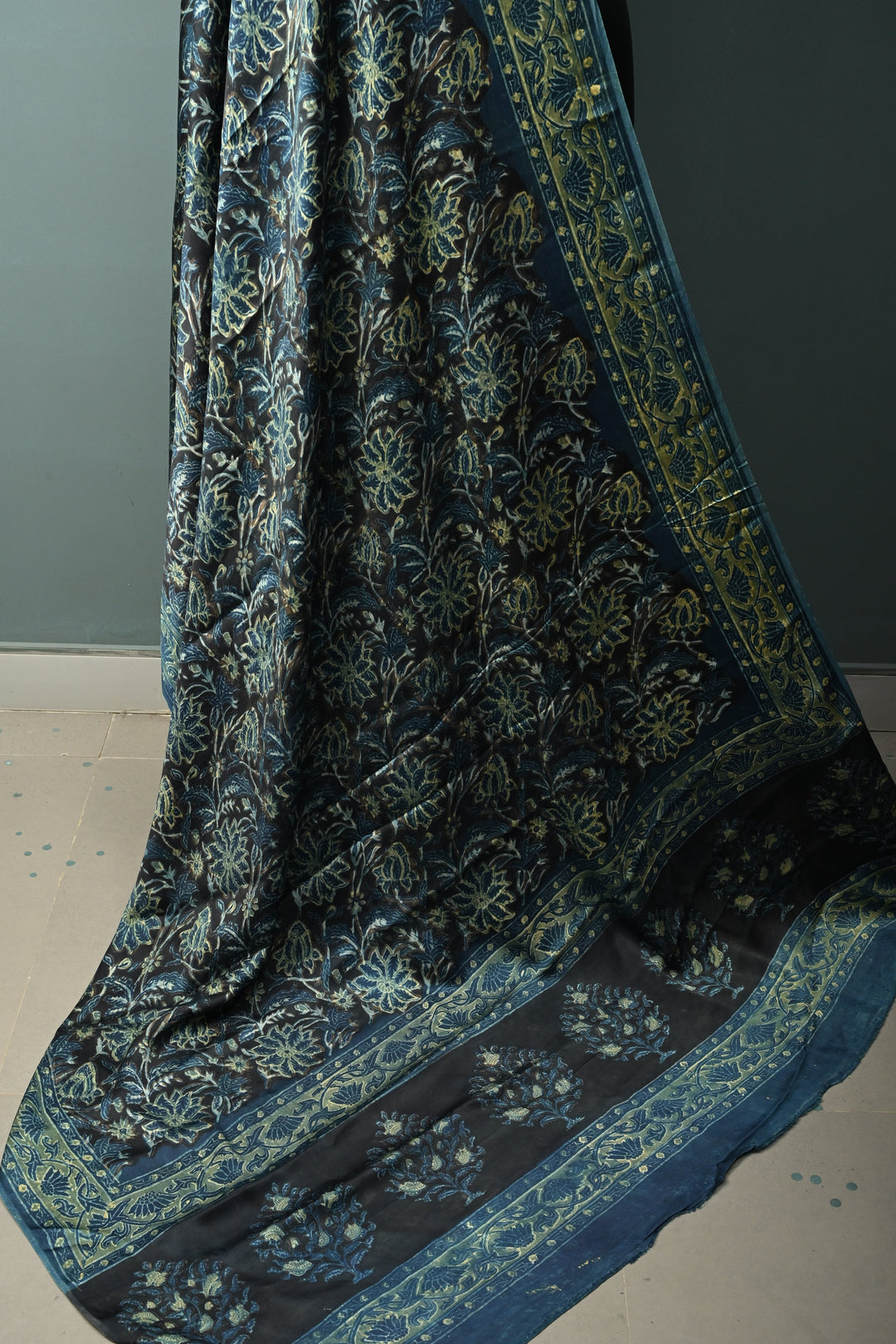 Dupatta: Authentic Modal Silk Dupatta in Black with Vanaspati Hand Block Print | SHOBITAM