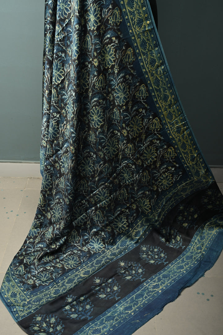 Dupatta: Authentic Modal Silk Dupatta in Black with Vanaspati Hand Block Print | SHOBITAM
