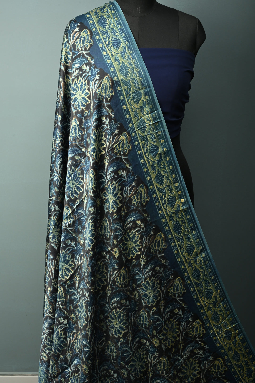 Dupatta: Authentic Modal Silk Dupatta in Black with Vanaspati Hand Block Print | SHOBITAM
