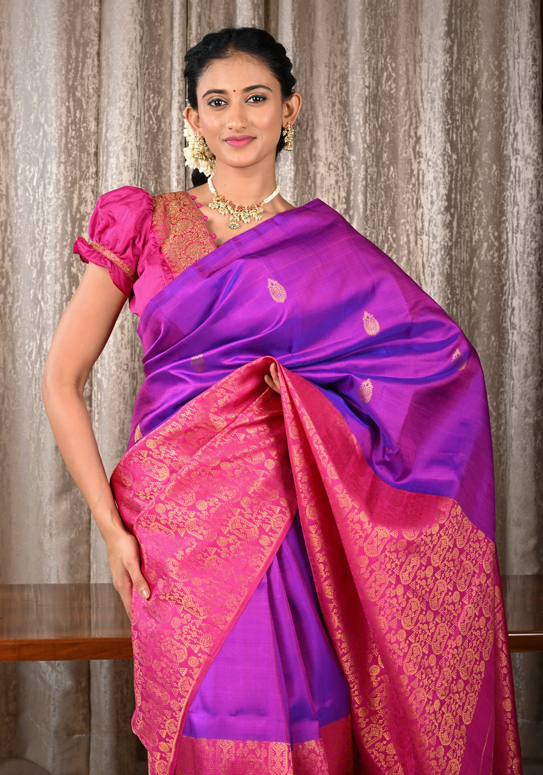 Purple Dual Tone Stunning Half Border Kanjivaram Pure Silk saree with Zari Brocade | SILK MARK CERTIFIED