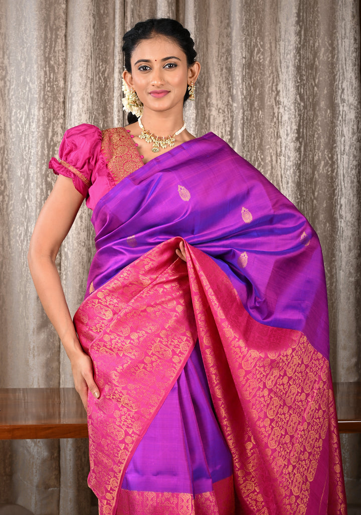 Purple Dual Tone Stunning Half Border Kanjivaram Pure Silk saree with Zari Brocade | SILK MARK CERTIFIED
