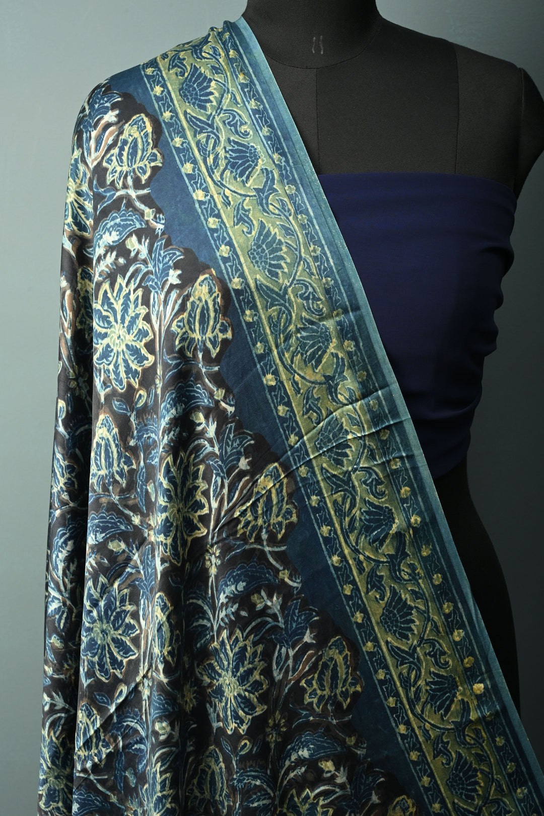 Dupatta: Authentic Modal Silk Dupatta in Black with Vanaspati Hand Block Print | SHOBITAM