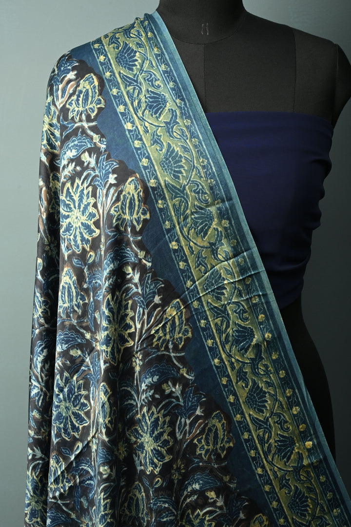 Dupatta: Authentic Modal Silk Dupatta in Black with Vanaspati Hand Block Print | SHOBITAM