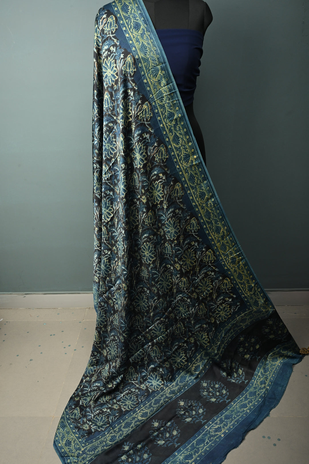 Dupatta: Authentic Modal Silk Dupatta in Black with Vanaspati Hand Block Print | SHOBITAM