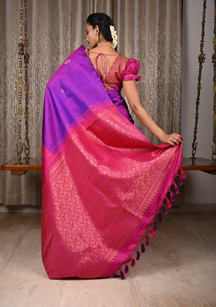 Purple Dual Tone Stunning Half Border Kanjivaram Pure Silk saree with Zari Brocade | SILK MARK CERTIFIED