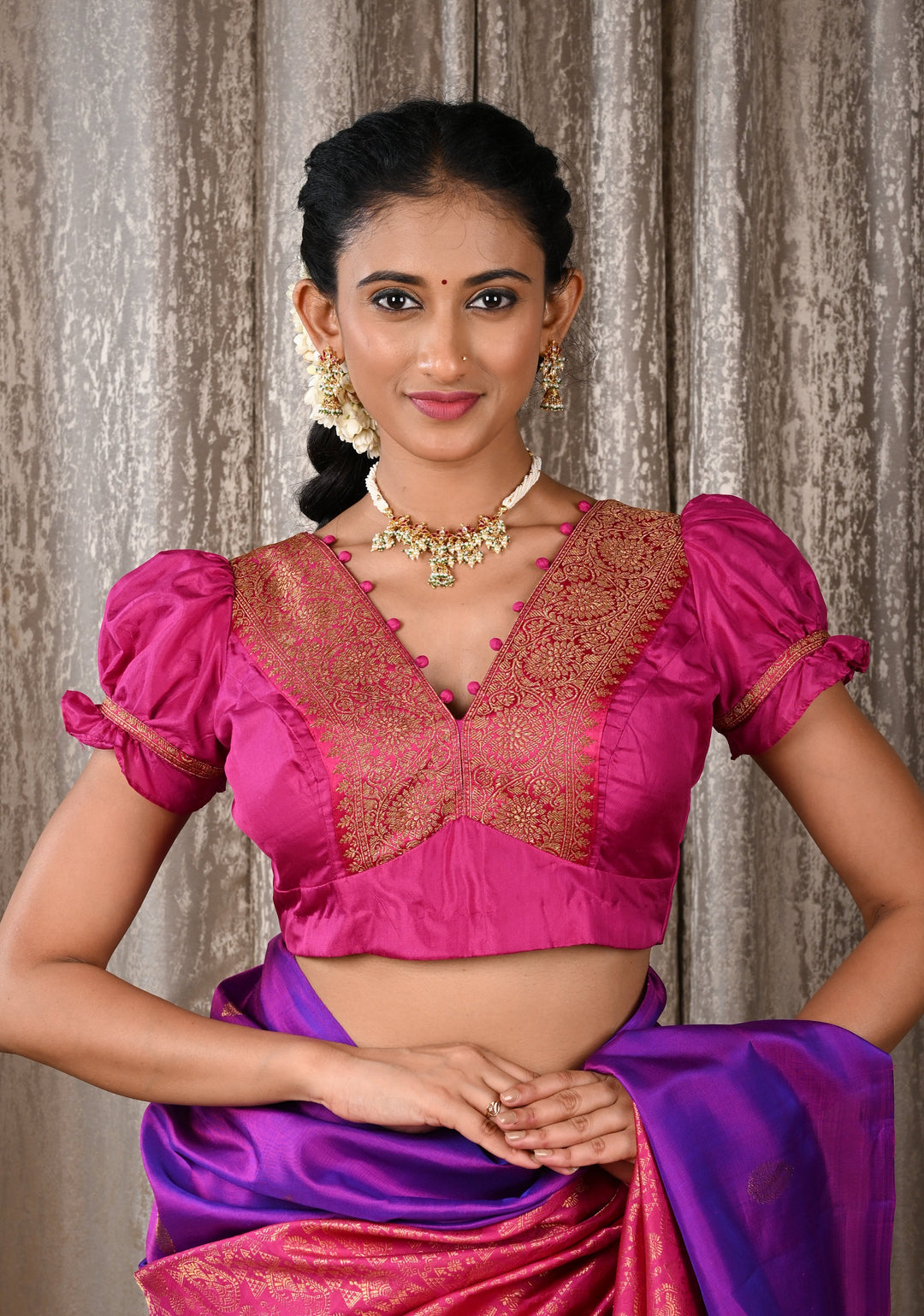 Fuchsia Pure Silk Blouse with Antique Zari Banarasi Border detailing and Puff Sleeves, Potli Buttons, Customizable, Made to Order