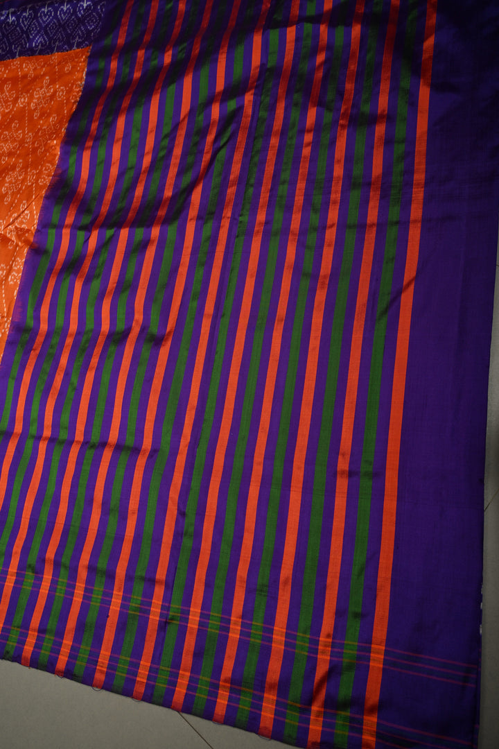Rust Orange Pochampally Ikkat Pure Silk Saree with Kolam Design and Purple Panel on Contrast Border | SILK MARK CERTIFIED | SHOBITAM