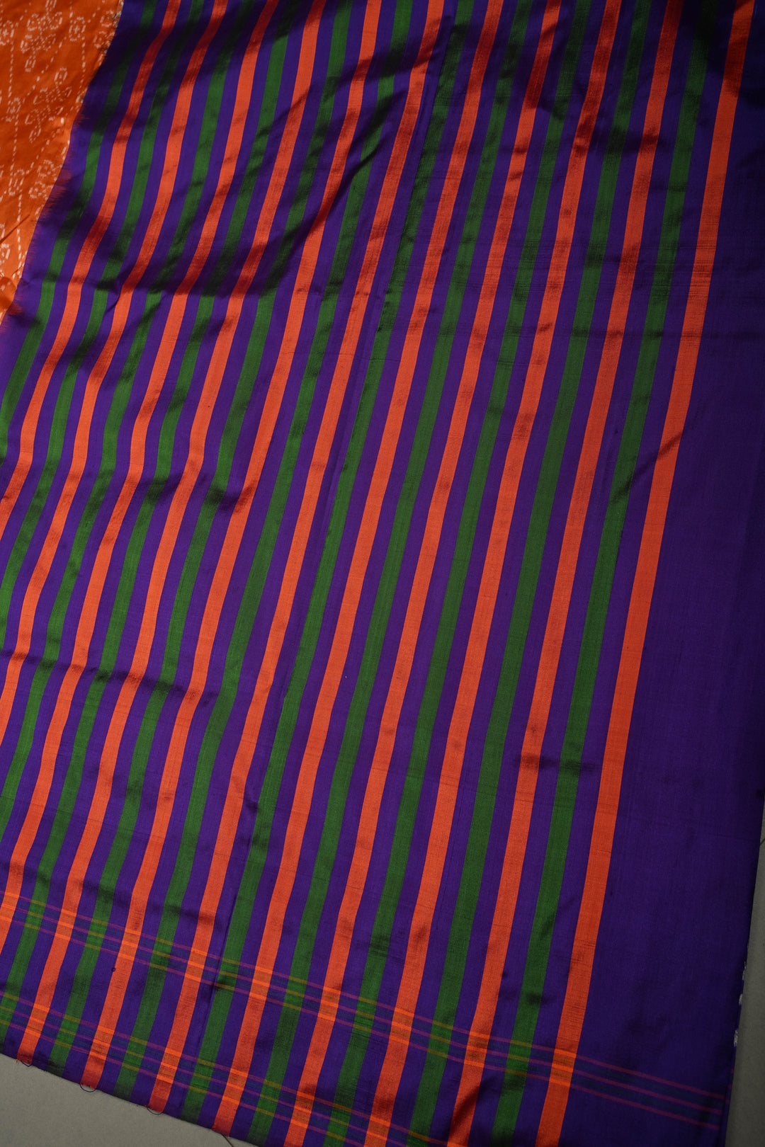 Rust Orange Pochampally Ikkat Pure Silk Saree with Kolam Design and Purple Panel on Contrast Border | SILK MARK CERTIFIED | SHOBITAM