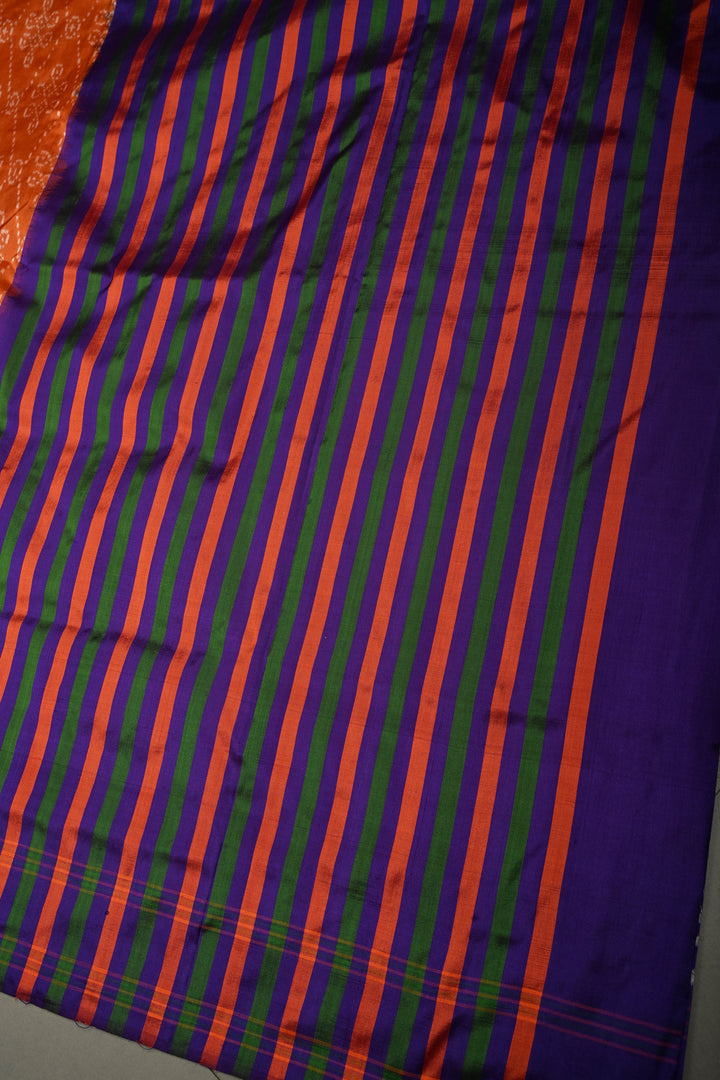 Rust Orange Pochampally Ikkat Pure Silk Saree with Kolam Design and Purple Panel on Contrast Border | SILK MARK CERTIFIED | SHOBITAM