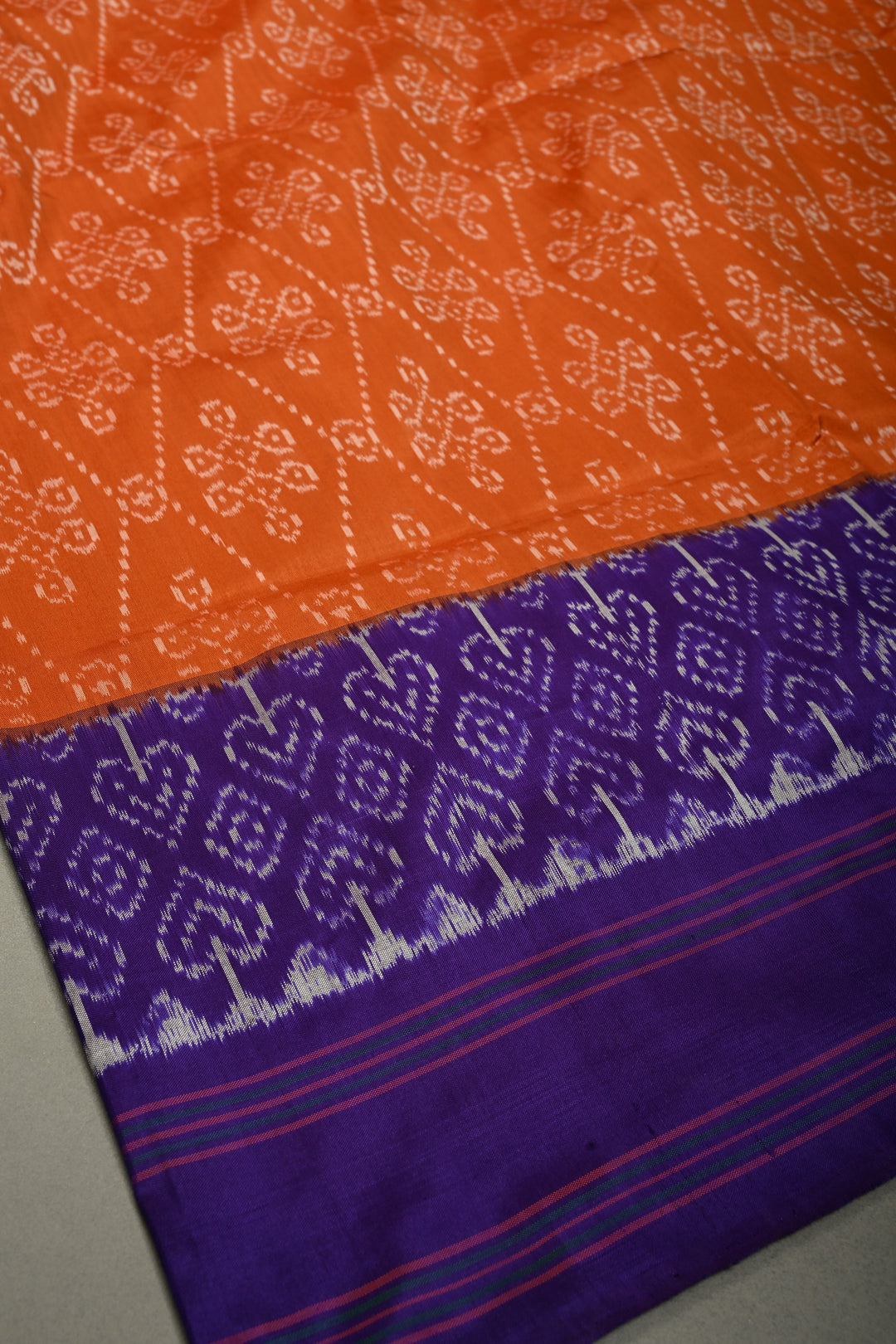 Rust Orange Pochampally Ikkat Pure Silk Saree with Kolam Design and Purple Panel on Contrast Border | SILK MARK CERTIFIED | SHOBITAM