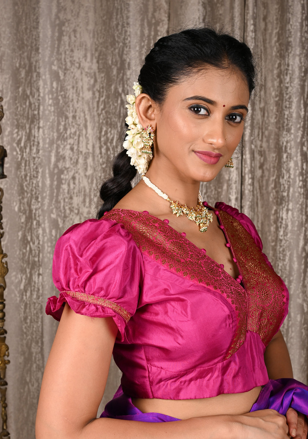 Fuchsia Pure Silk Blouse with Antique Zari Banarasi Border detailing and Puff Sleeves, Potli Buttons, Customizable, Made to Order