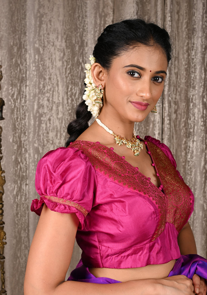 Fuchsia Pure Silk Blouse with Antique Zari Banarasi Border detailing and Puff Sleeves, Potli Buttons, Customizable, Made to Order