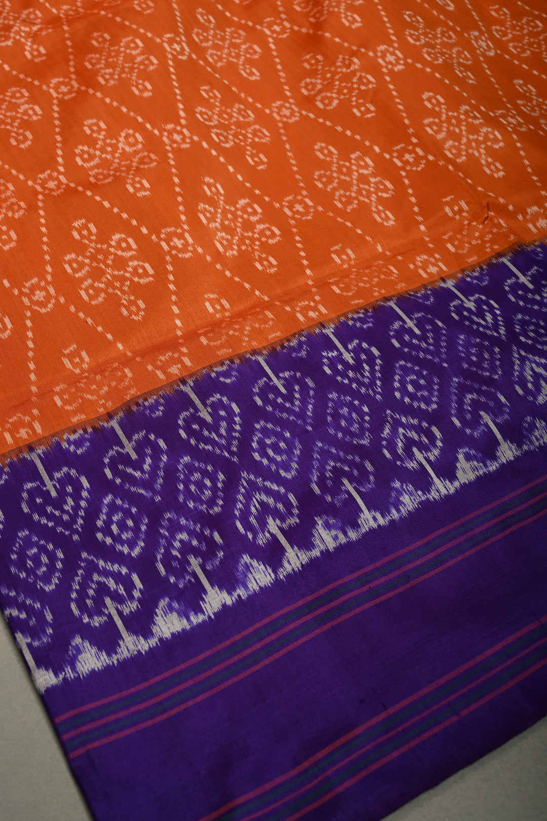 Rust Orange Pochampally Ikkat Pure Silk Saree with Kolam Design and Purple Panel on Contrast Border | SILK MARK CERTIFIED | SHOBITAM
