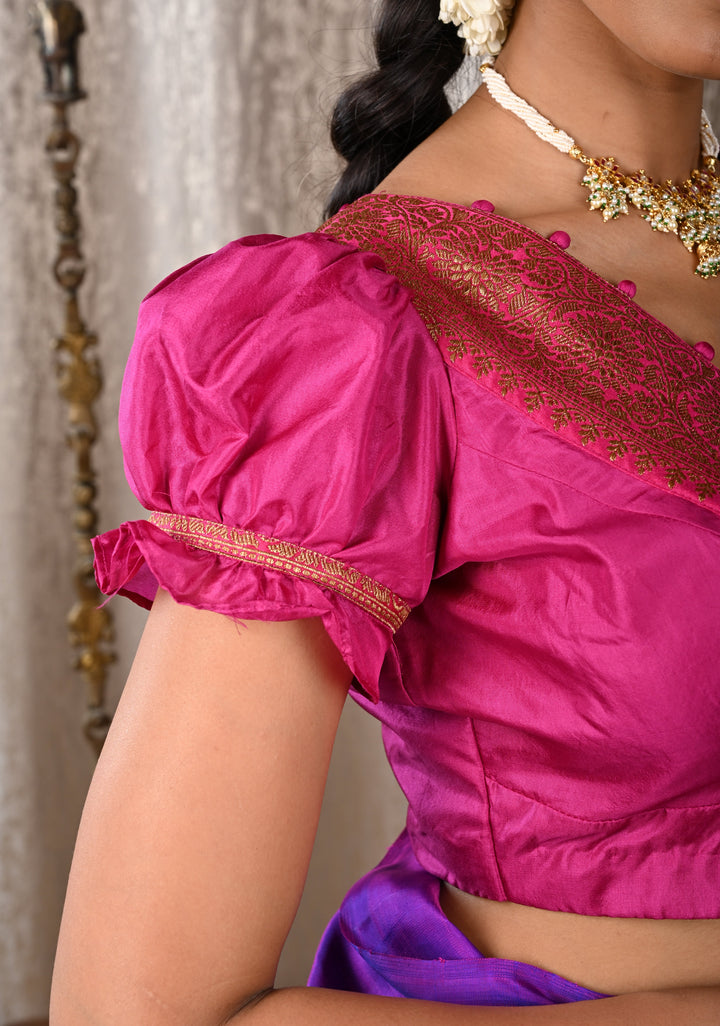 Fuchsia Pure Silk Blouse with Antique Zari Banarasi Border detailing and Puff Sleeves, Potli Buttons, Customizable, Made to Order