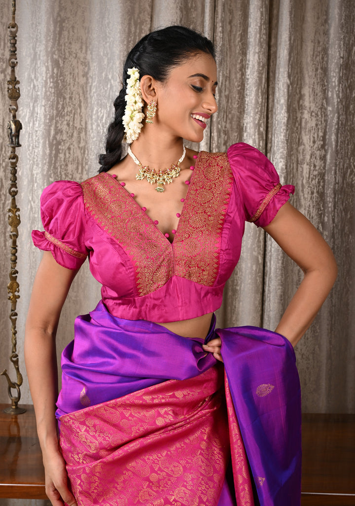 Fuchsia Pure Silk Blouse with Antique Zari Banarasi Border detailing and Puff Sleeves, Potli Buttons, Customizable, Made to Order