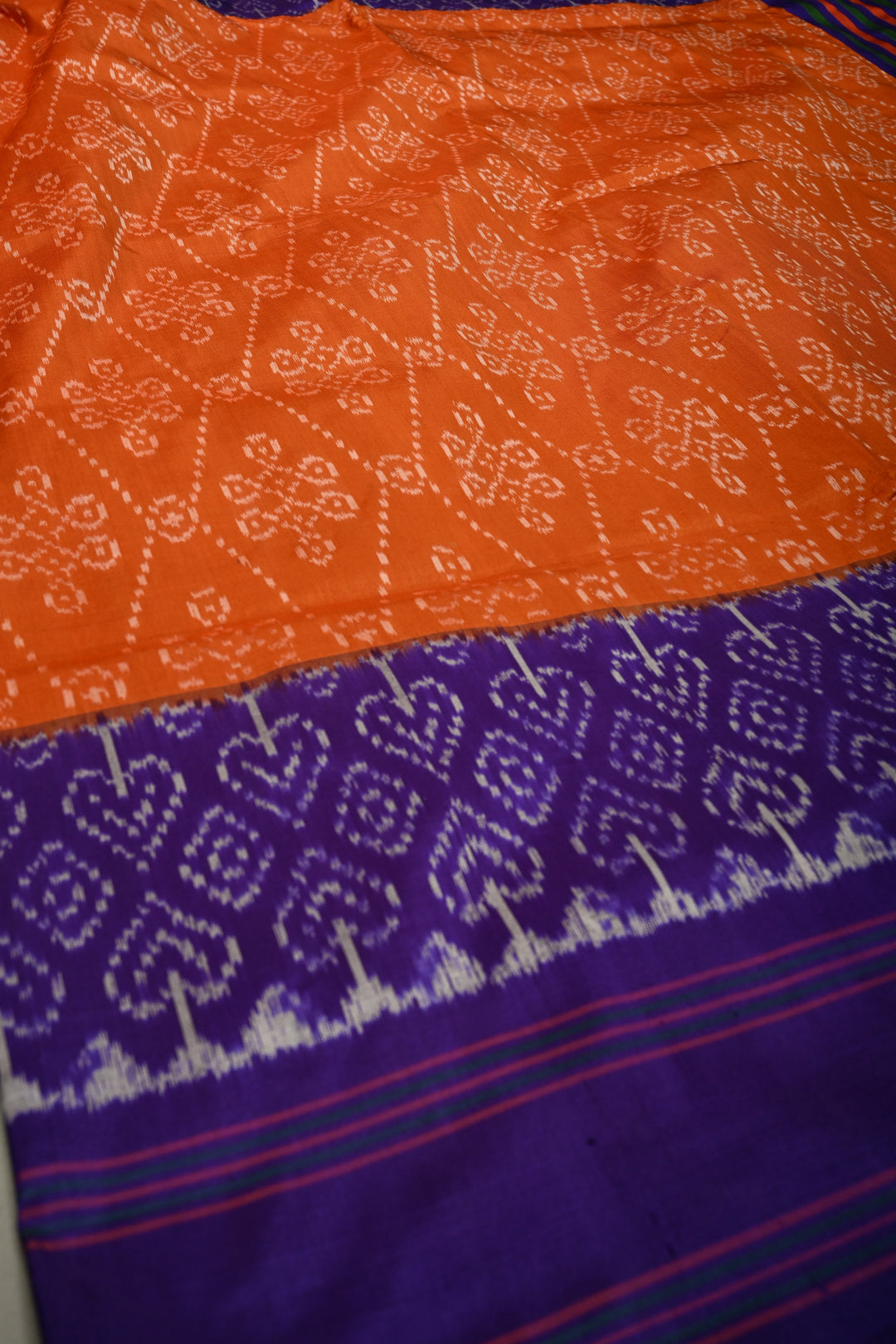 Rust Orange Pochampally Ikkat Pure Silk Saree with Kolam Design and Purple Panel on Contrast Border | SILK MARK CERTIFIED | SHOBITAM