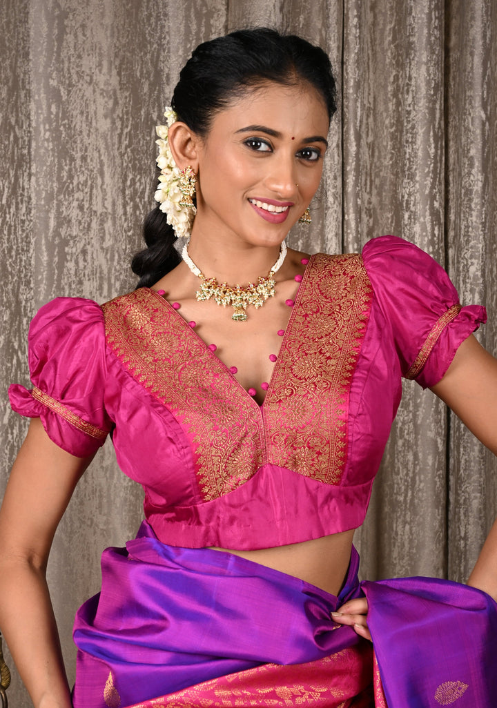 Fuchsia Pure Silk Blouse with Antique Zari Banarasi Border detailing and Puff Sleeves, Potli Buttons, Customizable, Made to Order