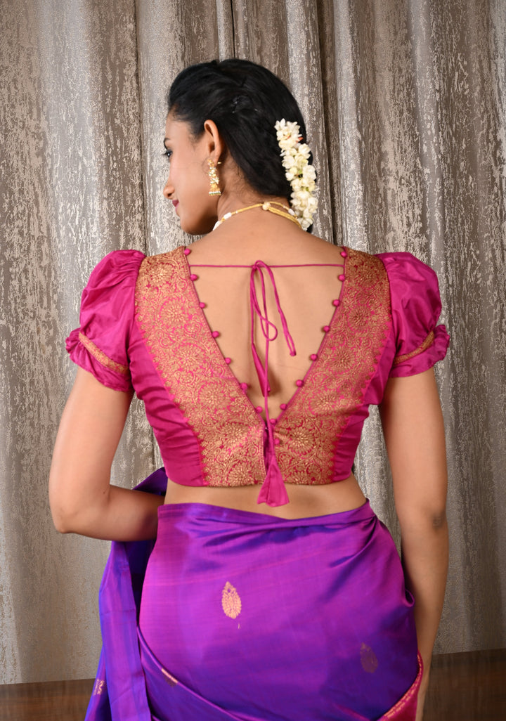 Fuchsia Pure Silk Blouse with Antique Zari Banarasi Border detailing and Puff Sleeves, Potli Buttons, Customizable, Made to Order