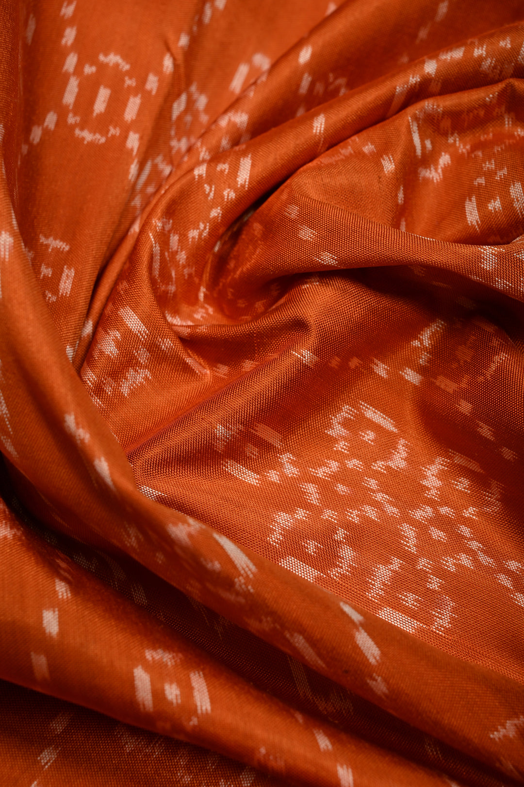 Rust Orange Pochampally Ikkat Pure Silk Saree with Kolam Design and Purple Panel on Contrast Border | SILK MARK CERTIFIED | SHOBITAM