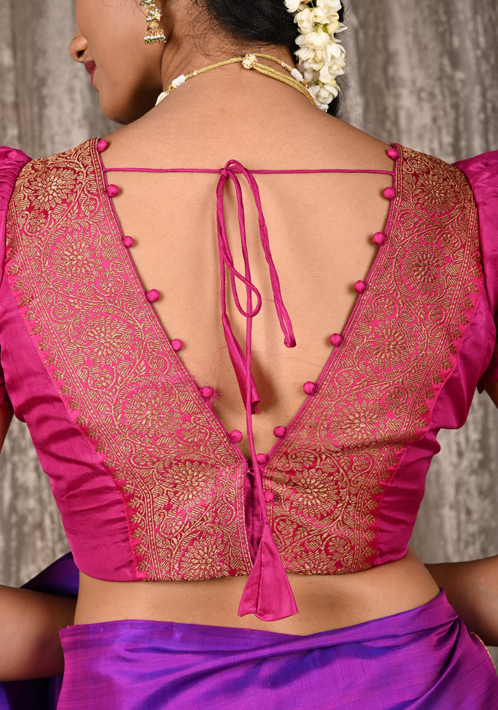 Fuchsia Pure Silk Blouse with Antique Zari Banarasi Border detailing and Puff Sleeves, Potli Buttons, Customizable, Made to Order