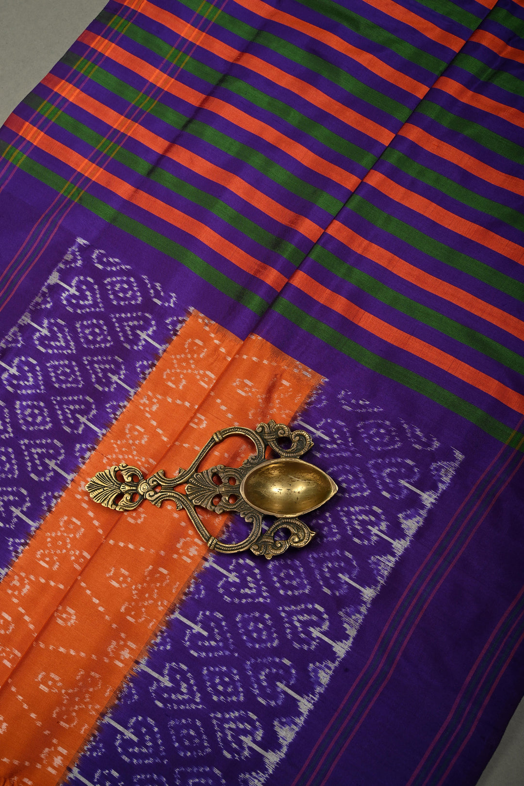 Rust Orange Pochampally Ikkat Pure Silk Saree with Kolam Design and Purple Panel on Contrast Border | SILK MARK CERTIFIED | SHOBITAM