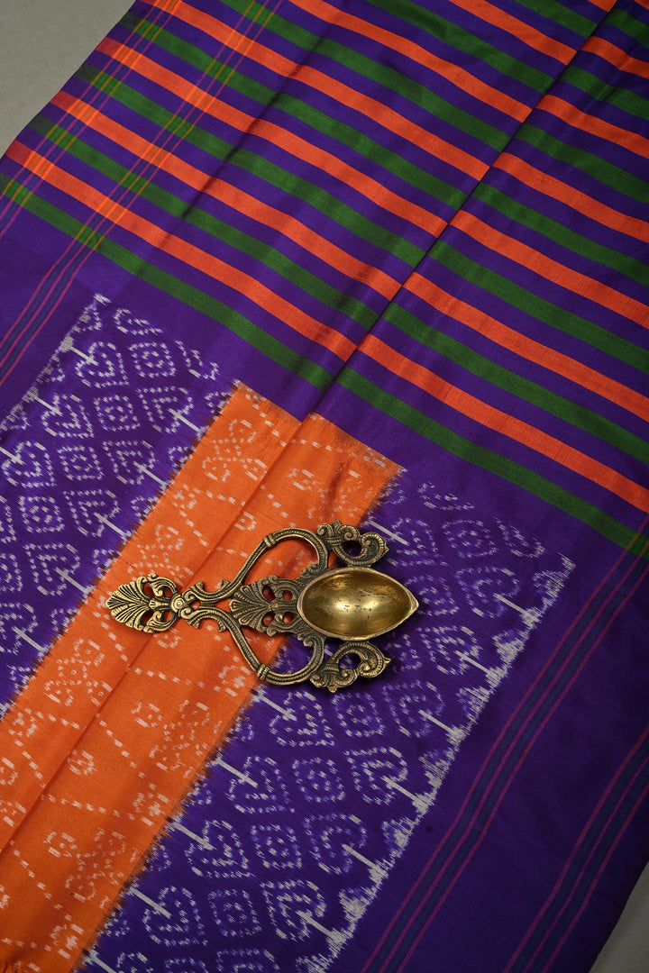 Rust Orange Pochampally Ikkat Pure Silk Saree with Kolam Design and Purple Panel on Contrast Border | SILK MARK CERTIFIED | SHOBITAM