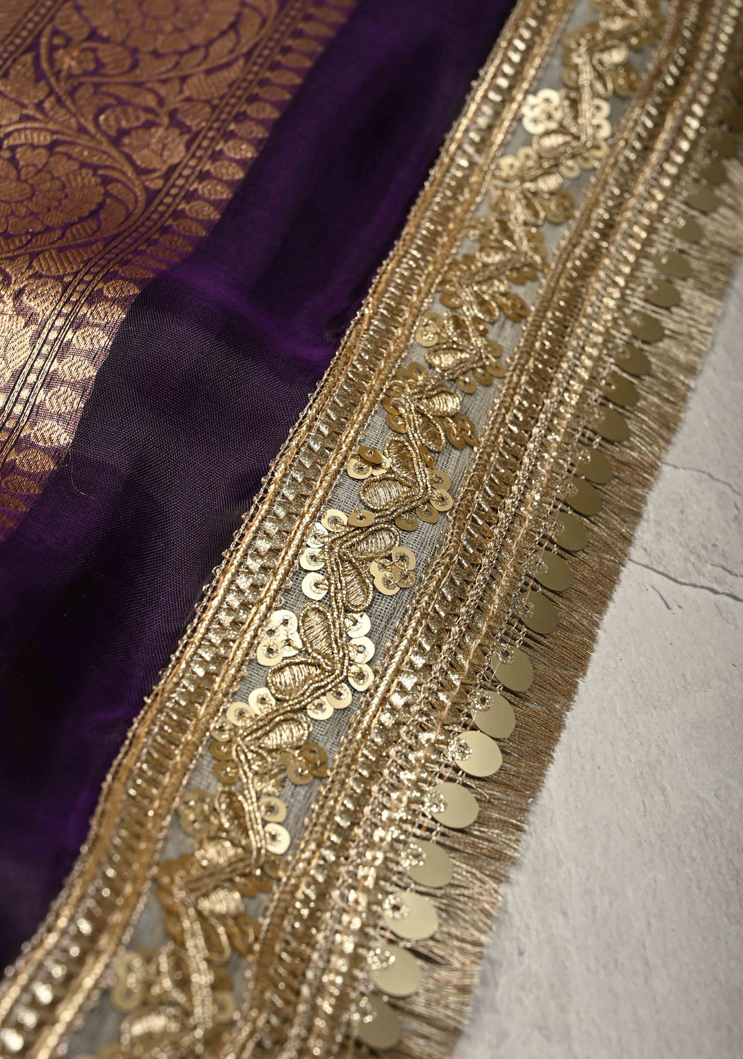 Eggplant Purple Organza Silk Saree with Sona Rupa Buttis and Fancy Lace Trim Border | SILK MARK CERTIFIED