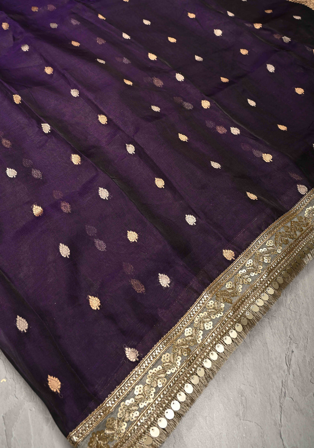 Eggplant Purple Organza Silk Saree with Sona Rupa Buttis and Fancy Lace Trim Border | SILK MARK CERTIFIED