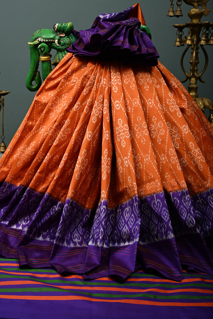 Rust Orange Pochampally Ikkat Pure Silk Saree with Kolam Design and Purple Panel on Contrast Border | SILK MARK CERTIFIED | SHOBITAM