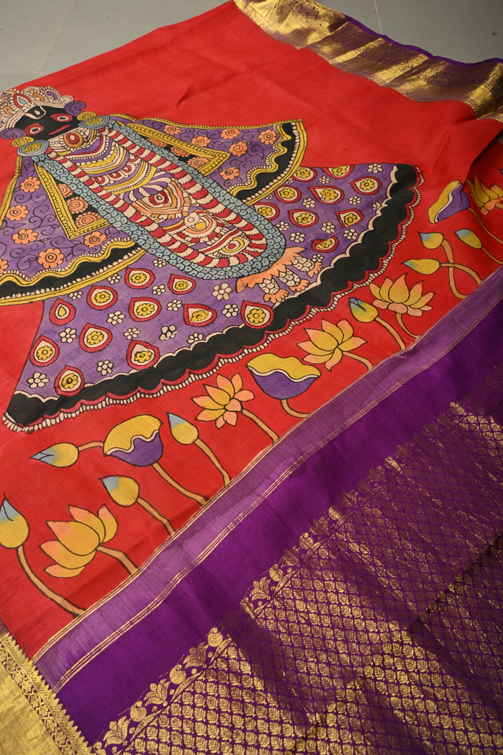 Dupatta: Blood Red Authentic Pen Kalamkari Hand Painted on Kanjivaram Pure Silk Dupatta with Pichwai-Shreenathji Motifs and Purple Zari Borders | SILK MARK CERTIFIED | SHOBITAM