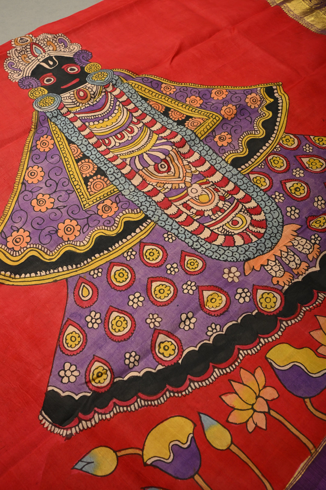 Dupatta: Blood Red Authentic Pen Kalamkari Hand Painted on Kanjivaram Pure Silk Dupatta with Pichwai-Shreenathji Motifs and Purple Zari Borders | SILK MARK CERTIFIED | SHOBITAM