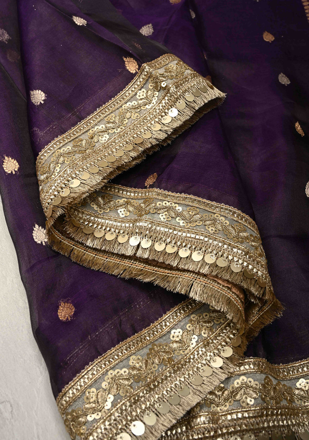 Eggplant Purple Organza Silk Saree with Sona Rupa Buttis and Fancy Lace Trim Border | SILK MARK CERTIFIED