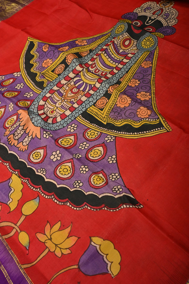 Dupatta: Blood Red Authentic Pen Kalamkari Hand Painted on Kanjivaram Pure Silk Dupatta with Pichwai-Shreenathji Motifs and Purple Zari Borders | SILK MARK CERTIFIED | SHOBITAM