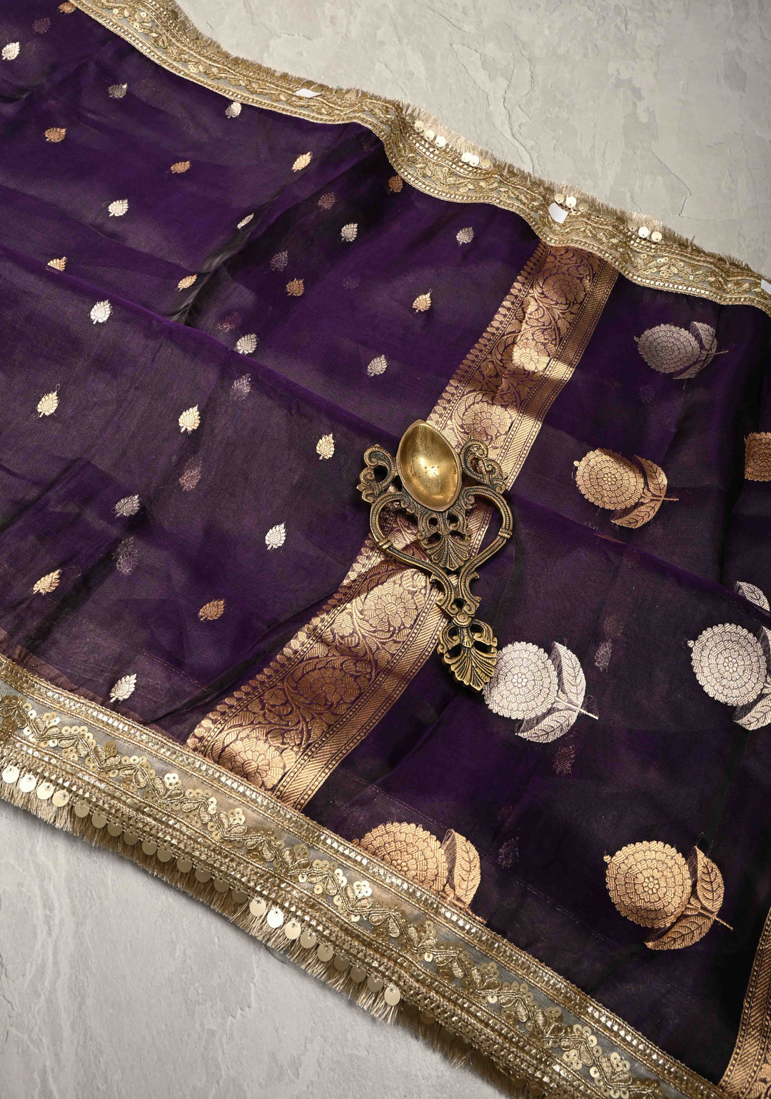 Eggplant Purple Organza Silk Saree with Sona Rupa Buttis and Fancy Lace Trim Border | SILK MARK CERTIFIED