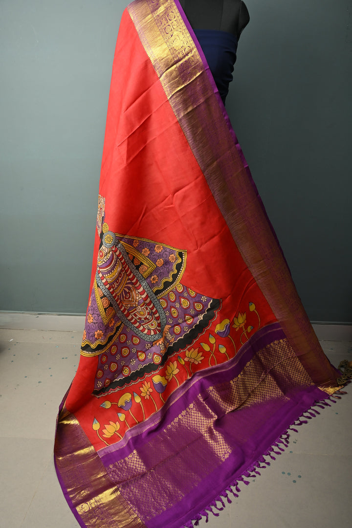 Dupatta: Blood Red Authentic Pen Kalamkari Hand Painted on Kanjivaram Pure Silk Dupatta with Pichwai-Shreenathji Motifs and Purple Zari Borders | SILK MARK CERTIFIED | SHOBITAM