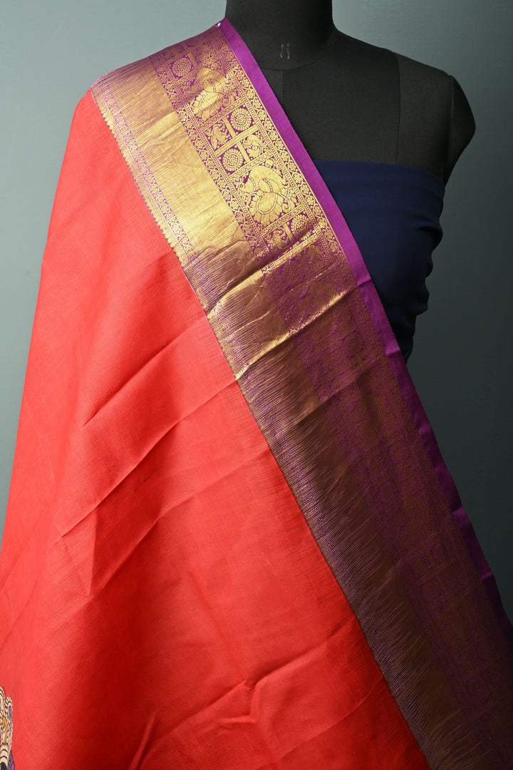Dupatta: Blood Red Authentic Pen Kalamkari Hand Painted on Kanjivaram Pure Silk Dupatta with Pichwai-Shreenathji Motifs and Purple Zari Borders | SILK MARK CERTIFIED | SHOBITAM