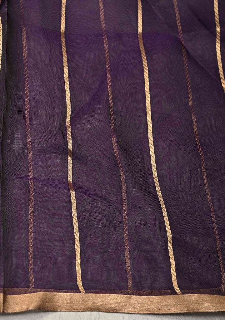 Eggplant Purple Organza Silk Saree with Sona Rupa Buttis and Fancy Lace Trim Border | SILK MARK CERTIFIED