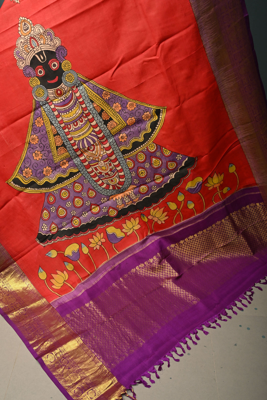 Dupatta: Blood Red Authentic Pen Kalamkari Hand Painted on Kanjivaram Pure Silk Dupatta with Pichwai-Shreenathji Motifs and Purple Zari Borders | SILK MARK CERTIFIED | SHOBITAM