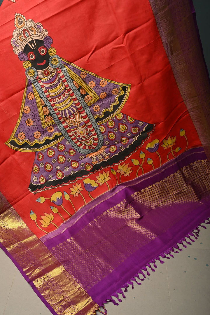 Dupatta: Blood Red Authentic Pen Kalamkari Hand Painted on Kanjivaram Pure Silk Dupatta with Pichwai-Shreenathji Motifs and Purple Zari Borders | SILK MARK CERTIFIED | SHOBITAM