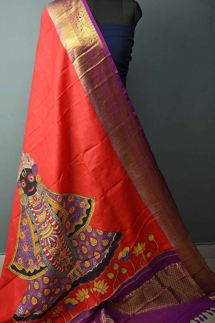 Dupatta: Blood Red Authentic Pen Kalamkari Hand Painted on Kanjivaram Pure Silk Dupatta with Pichwai-Shreenathji Motifs and Purple Zari Borders | SILK MARK CERTIFIED | SHOBITAM